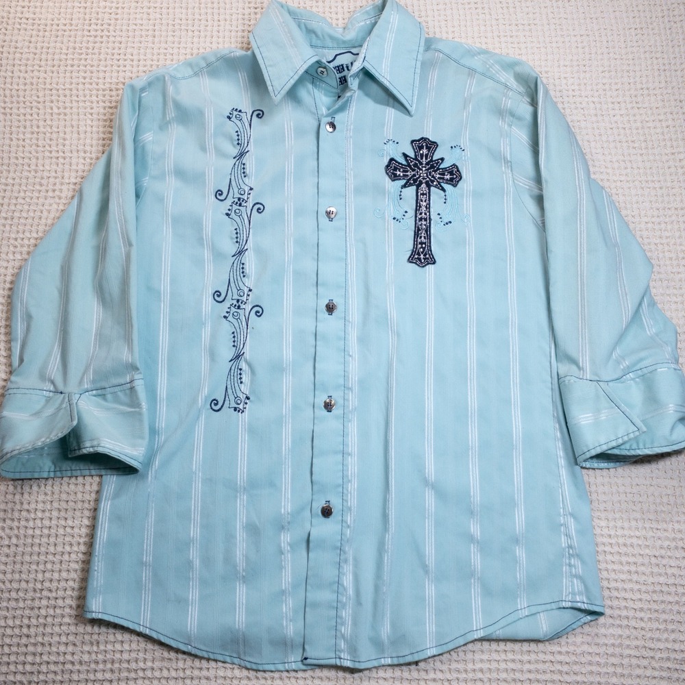 Mens Blue Striped Cross Embroidered Button Down Shirt Gothic Western Graphic L